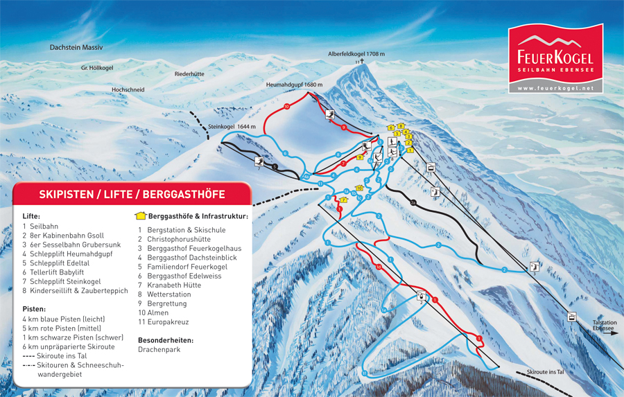 Pistenplan  im Skigebiet Ebensee - Feuerkogel - ein Skigebiet in Oberösterreich